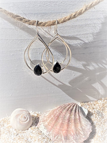 Sterling Silver Dangle Earrings With Pear Shaped Black Onyx Stones- SOLD