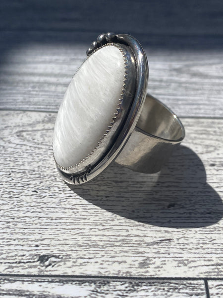 Sterling Silver Ring With Natural White Scolecite Stone - Size 9.5