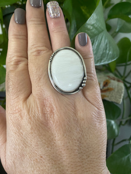 Sterling Silver Ring With Natural White Scolecite Stone - Size 9.5